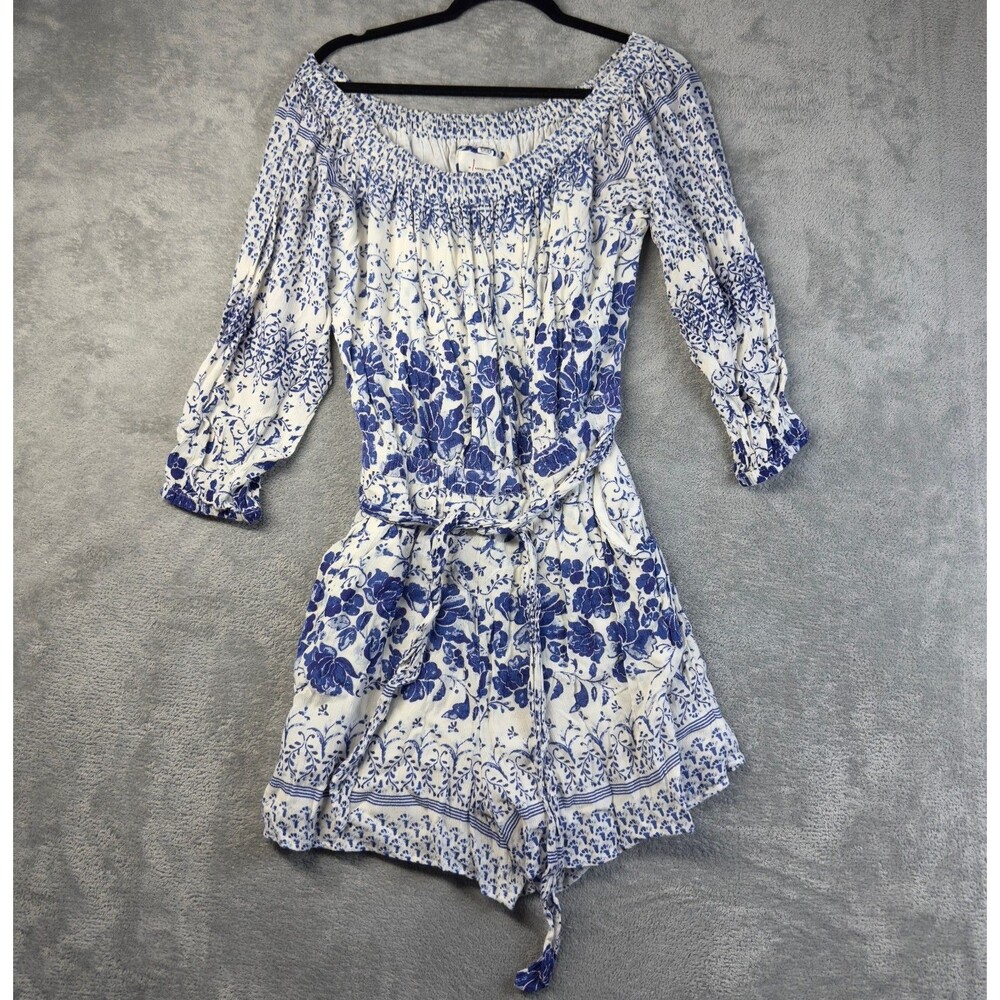 Anthropologie Dress Womens Medium Blue Romper Floral Clemente Off The Shoulder